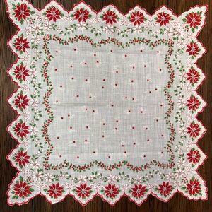Vintage Delicate Christmas Handkerchief Square Poinsettia Scalloped Edge MINT!